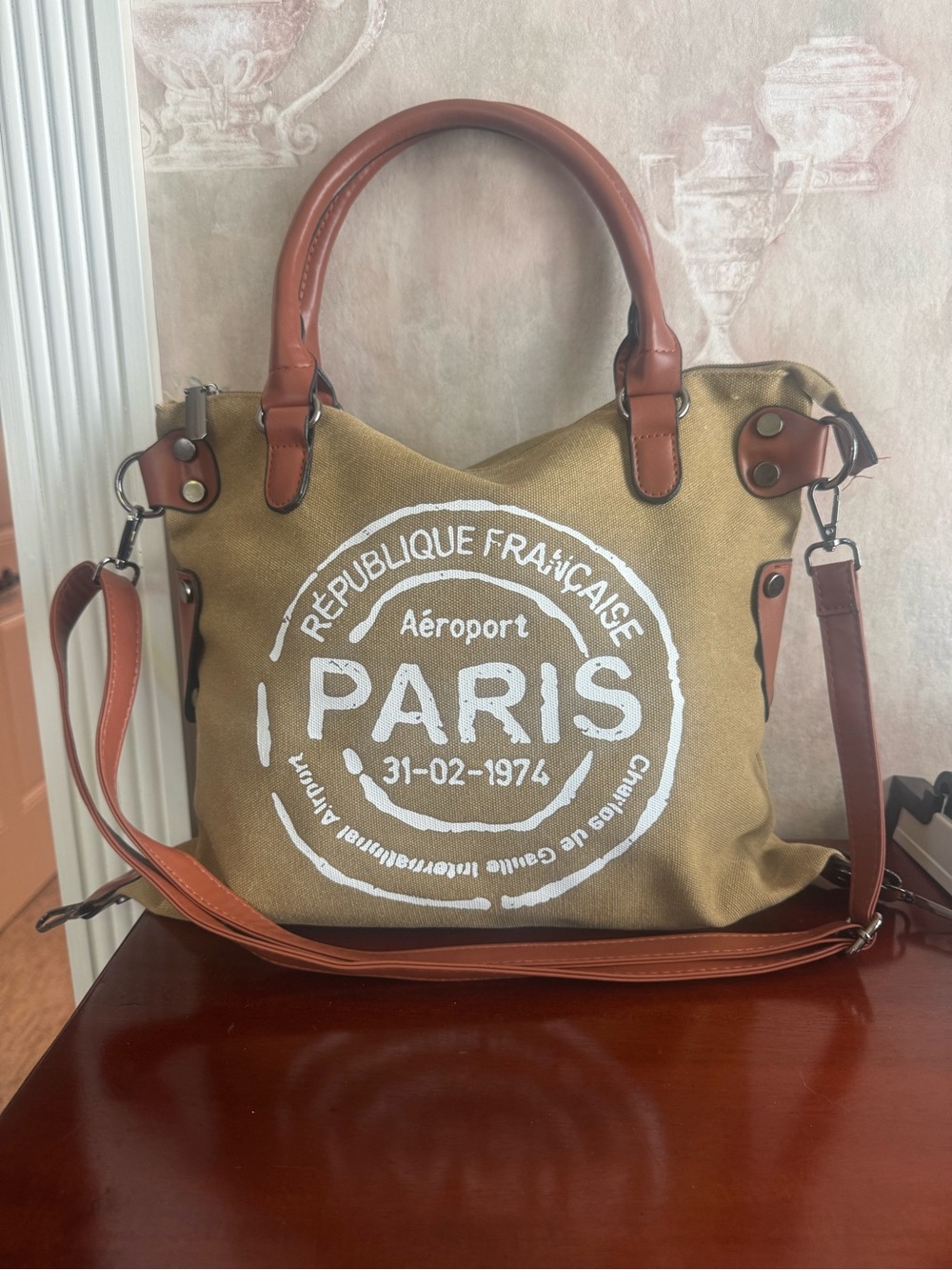 AEROPORT PARIS CANVAS FAUX LEATHER BAG MEDIUM LARGE - Picture 2 of 5